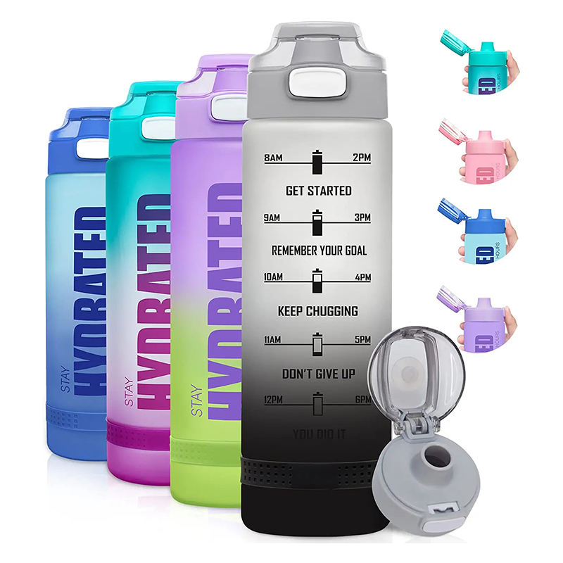 Custom Logo Straw Flip Top Filter Plastic Sport BPA Free 1l 32oz 32 oz Tritan Motivational Water Bottle With Time Marker