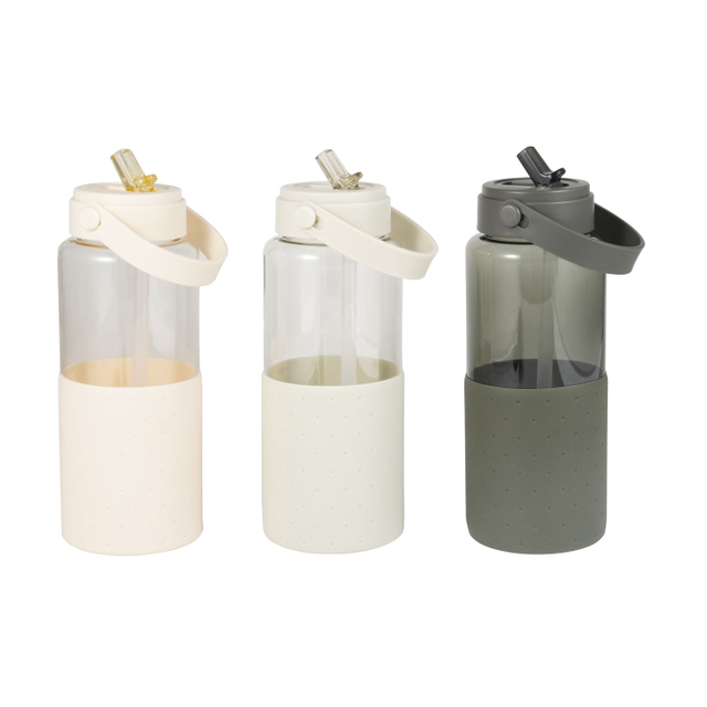 1 Liter Water Bottle 1000ml Transparent with Color Plastic Straw Water Bottle Non-slip With Silicone Handle and Sleeve