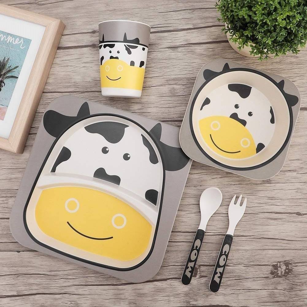 Customized Design Toddler Baby Kids Feeding Cartoon Bamboo Fiber Dinnerware Sets Dishwasher Safe Plate Bowl Cup Spoon Fork Set