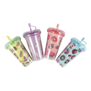 450ml Custom Pattern Straw Coffee Cup Leak Proof Double Wall Plastic Cup