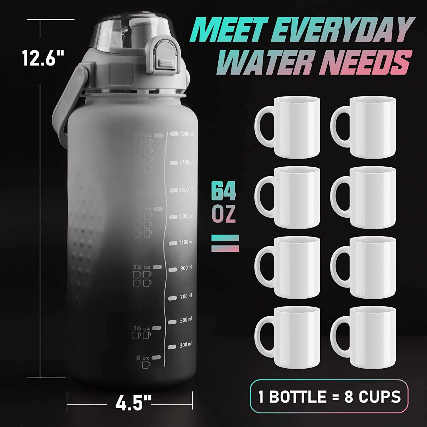 With Time Marker Straw Flip Top Divtop Handle Plastic Big Gym Sports 2200ml Jugs Motivational Half One 1 Gallon Water Bottle
