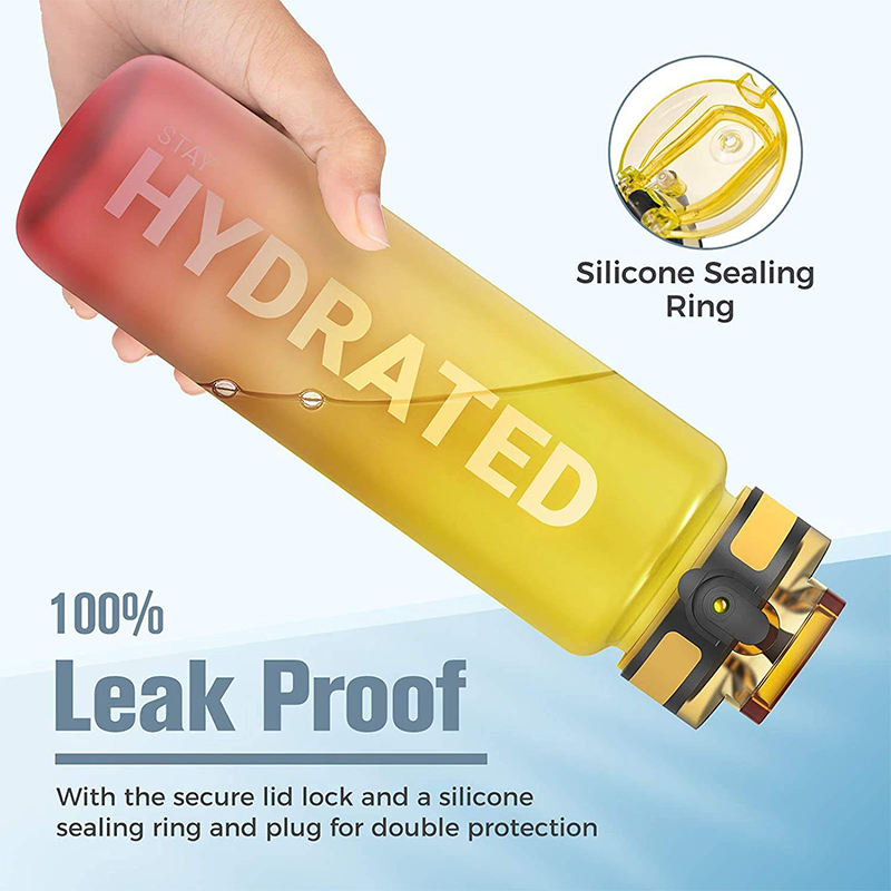 1000Ml Hydration Reminder Leak Proof Plastic Water Bottle Direct Drinking With Flip Top Lid With Time Marker