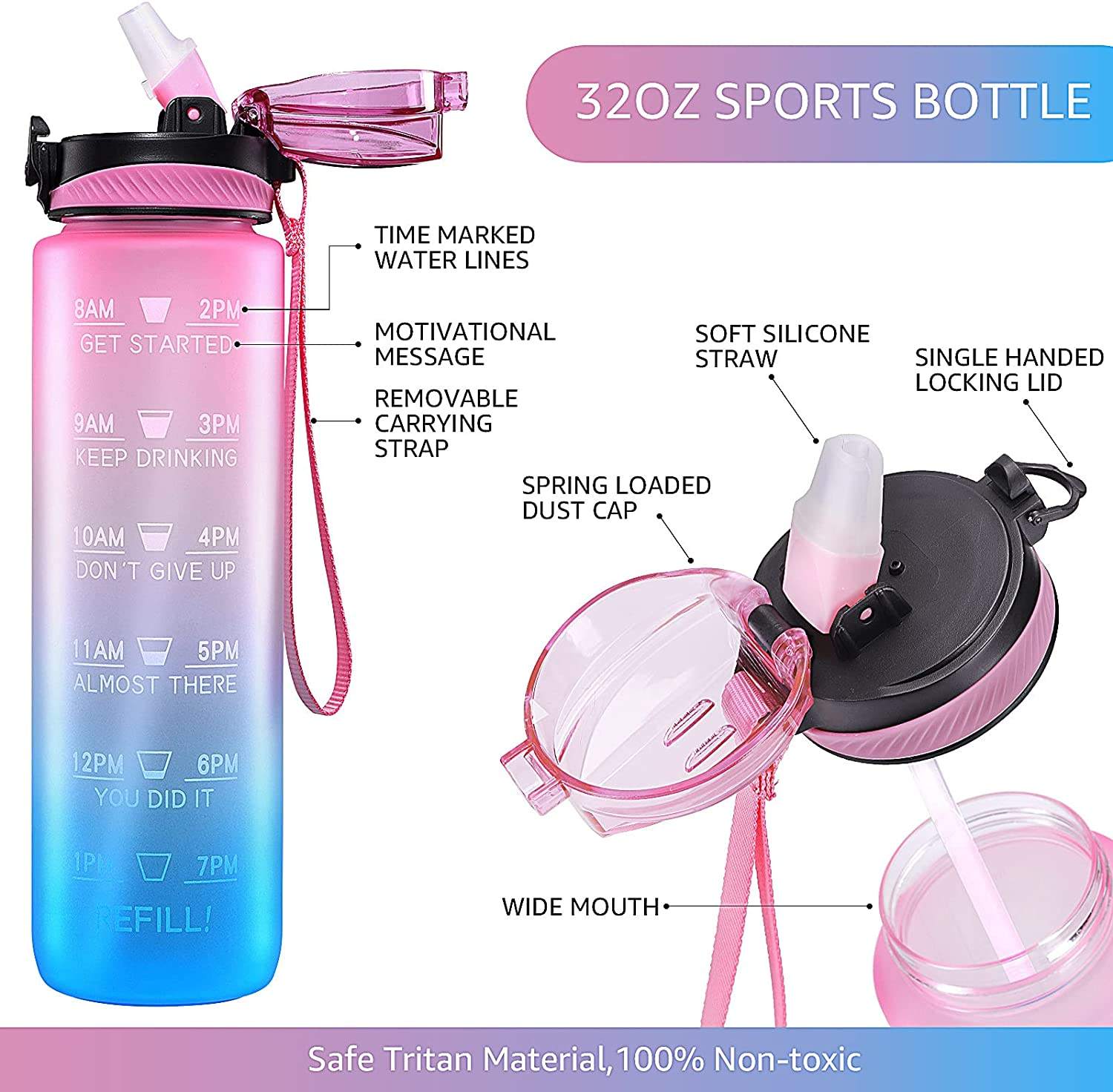Custom Logo Plastic Portable BPA Free Reminder Tracker 32 oz 32oz Drinking Sport Motivational Water Bottle With Time Marker