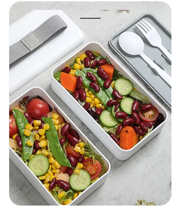 Double Layer Oblong Shape Food Grade Hot Sales RPET Plastic Bento Box with Bandage Eco Friendly Bento Box for Office Worker