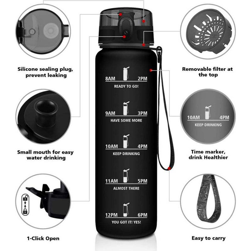 High Quality 32Oz Leak Proof Wide Mouth Motivational Plastic Water Bottle With Time Marker Filter Strap