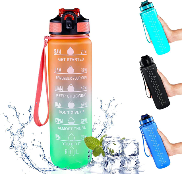 32 oz Motivational Reusable BPA Free Frosted Plastic Water Bottle With Time Marker