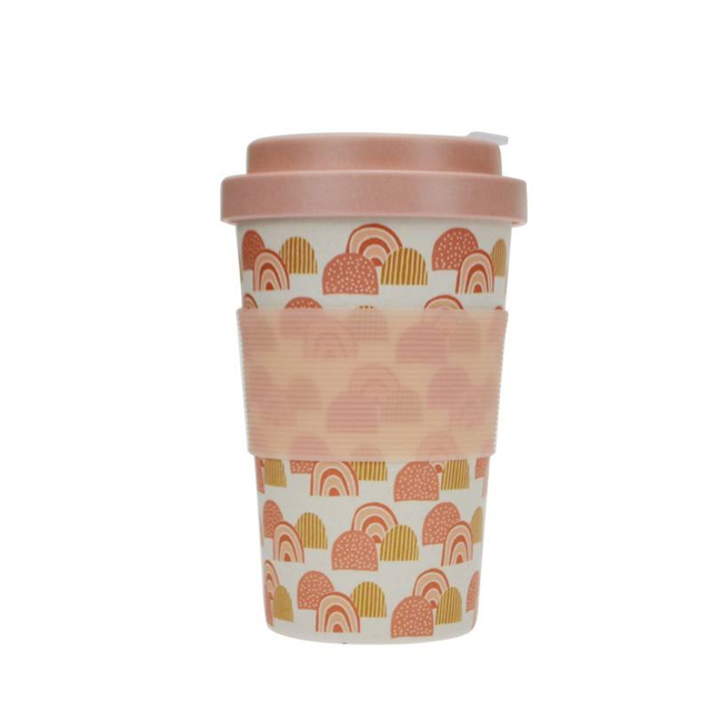 Eco-friendly BPA Free RPET 400ml Custom Pattern Reusable Coffee Cup with Lid Bamboo Fiber Mug with Silicone Sleeve