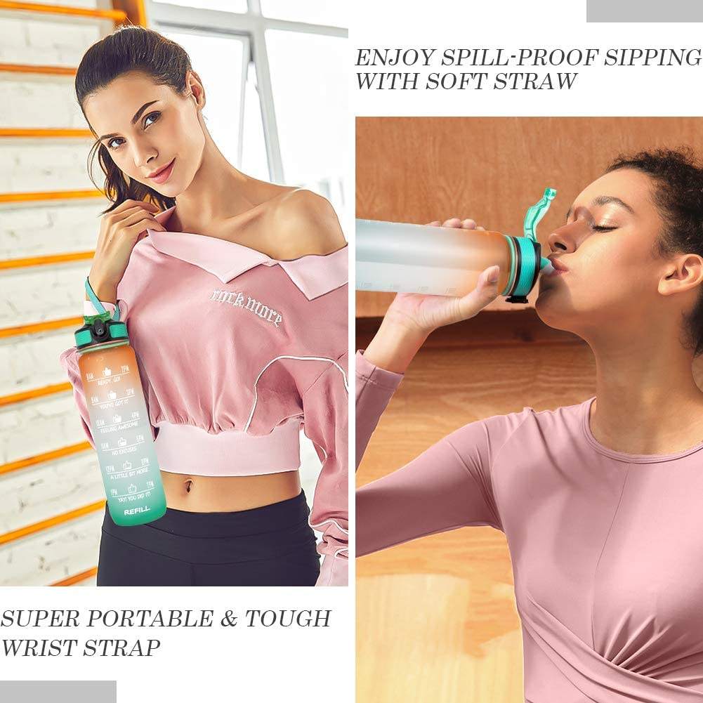 Water Bottle Time Marker 32 oz Tritan Sports Water Bottle With Motivational Time Marker Straw