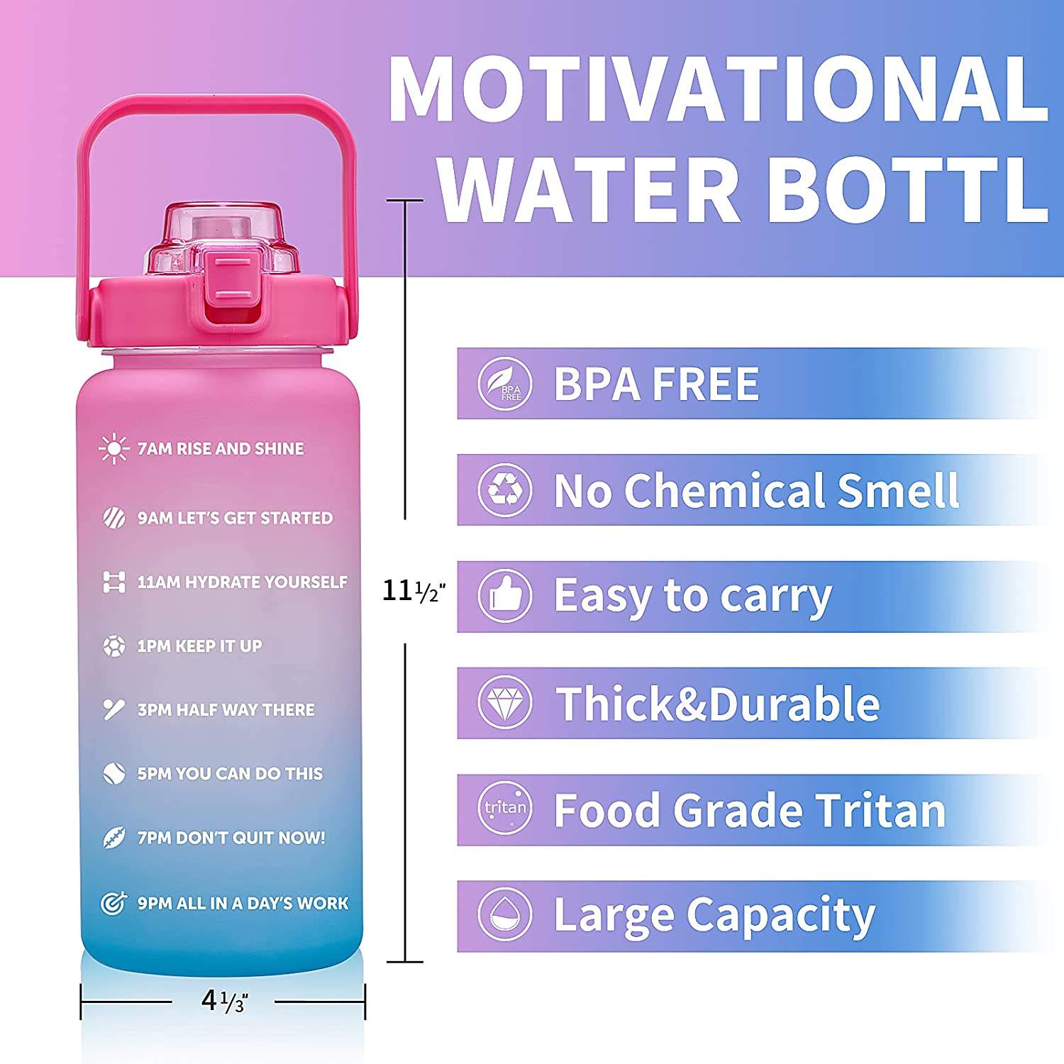 BPA Free Motivational Water Bottle With Time Marker Leakproof Half Gallon Water Bottle With Handle