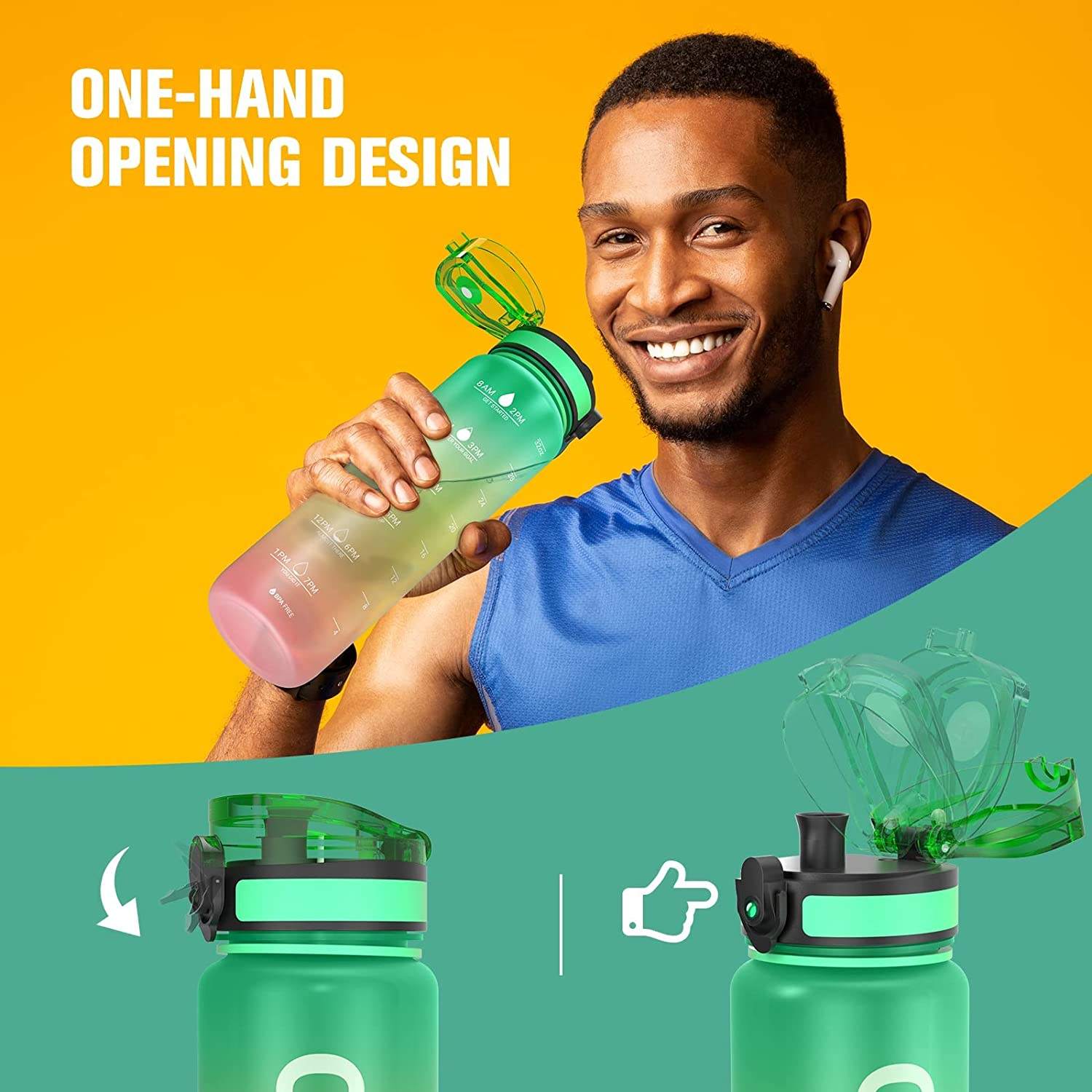 32oz Sport Water Bottle Custom Design with Motivational and Time Marker Leakproof Portable BPA Free Plastic Water Bottle
