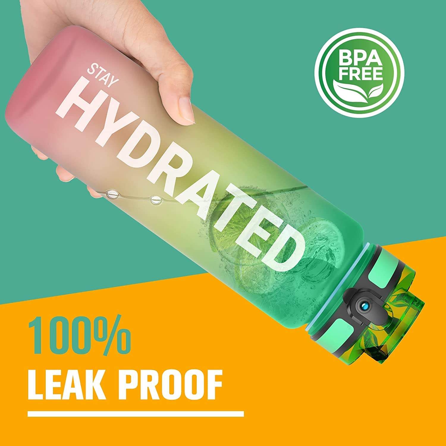 32oz Sport Water Bottle Custom Design with Motivational and Time Marker Leakproof Portable BPA Free Plastic Water Bottle