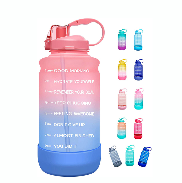 64 0z Motivational Time Marker Water Bottle with Straw Protective Silicone Boot Large Daily Water tank