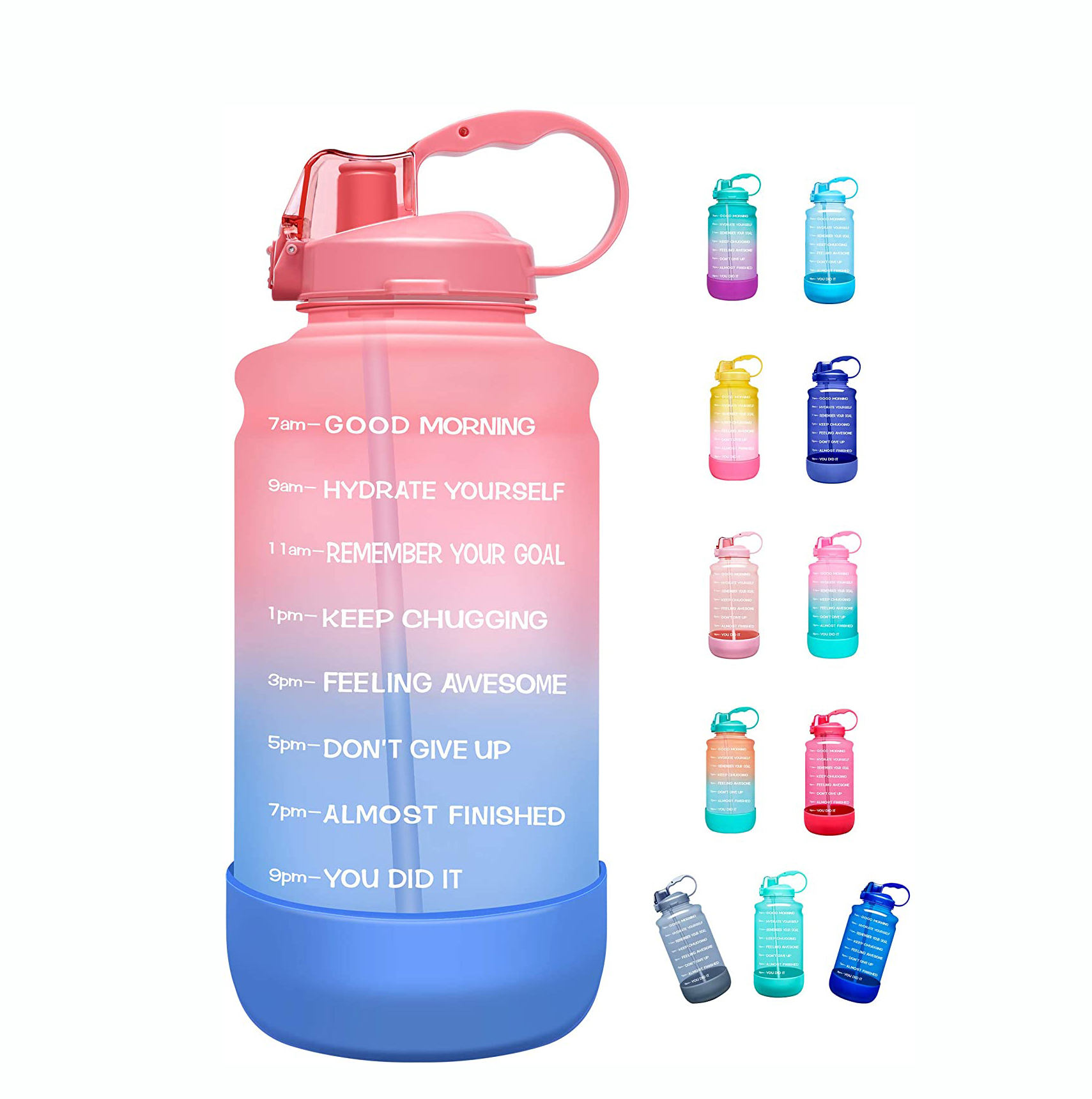 64 0z Motivational Time Marker Water Bottle with Straw Protective Silicone Boot Large Daily Water tank