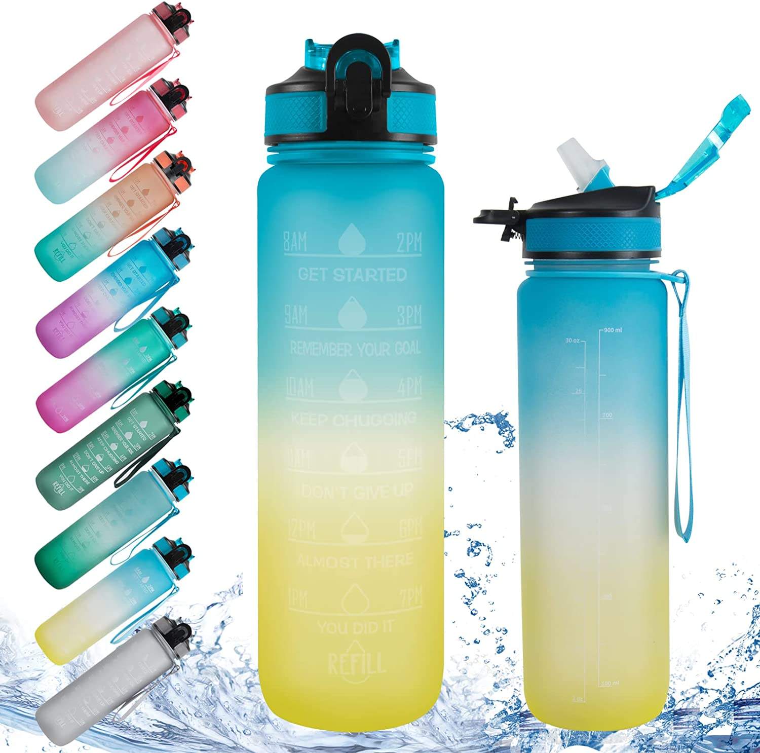 Motivational Water Bottle 32oz With Time Marker Straw and Sieve Tritan BPA Free for Fitness Gym Outdoor Sports Water Bottle