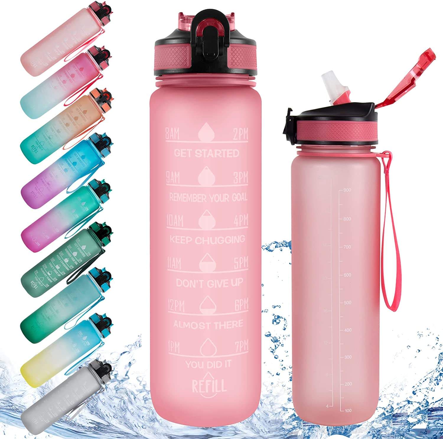 Motivational Water Bottle 32oz With Time Marker Straw and Sieve Tritan BPA Free for Fitness Gym Outdoor Sports Water Bottle