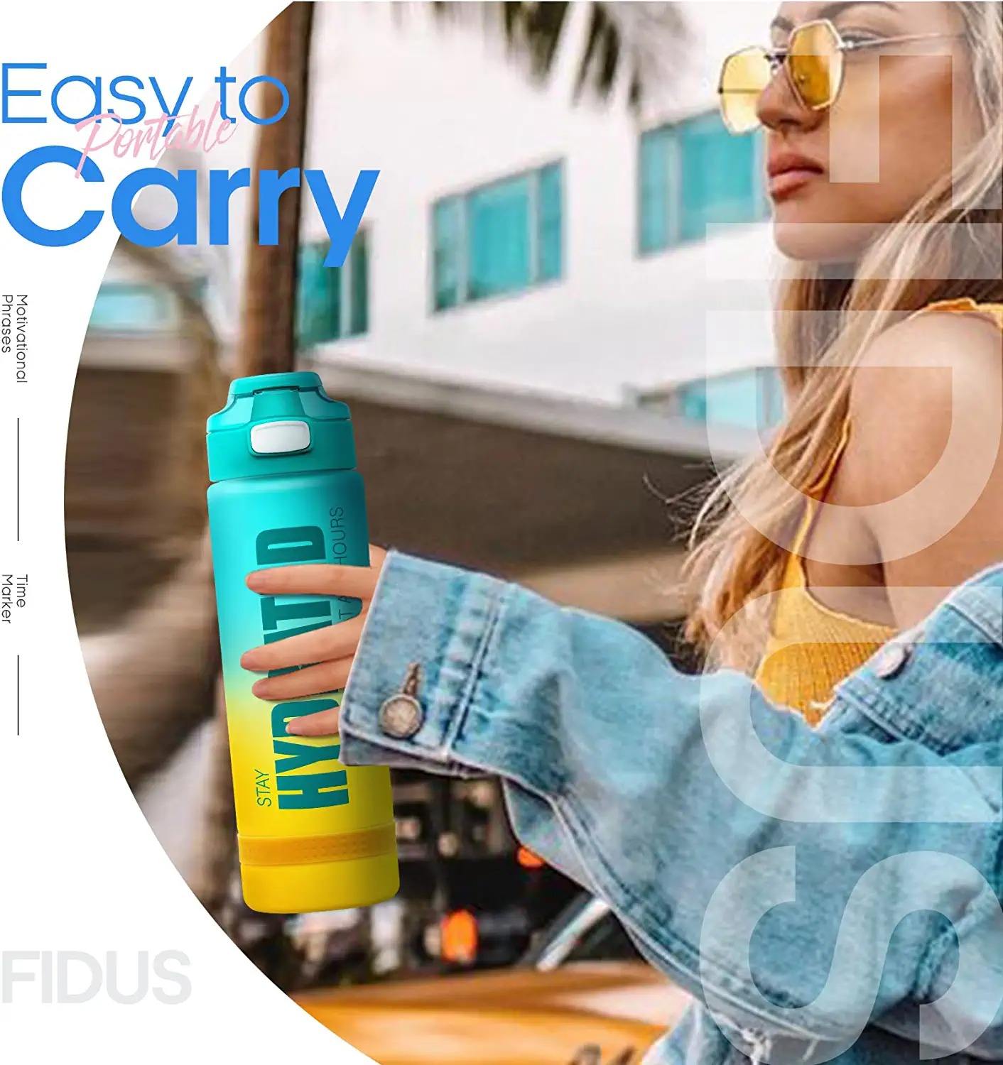 32OZ BPA Free Water Bottle & No Sweat Sleeve -Leak Proof Gym Bottle with Time Marker - Ideal Gift for Fitness or Sport