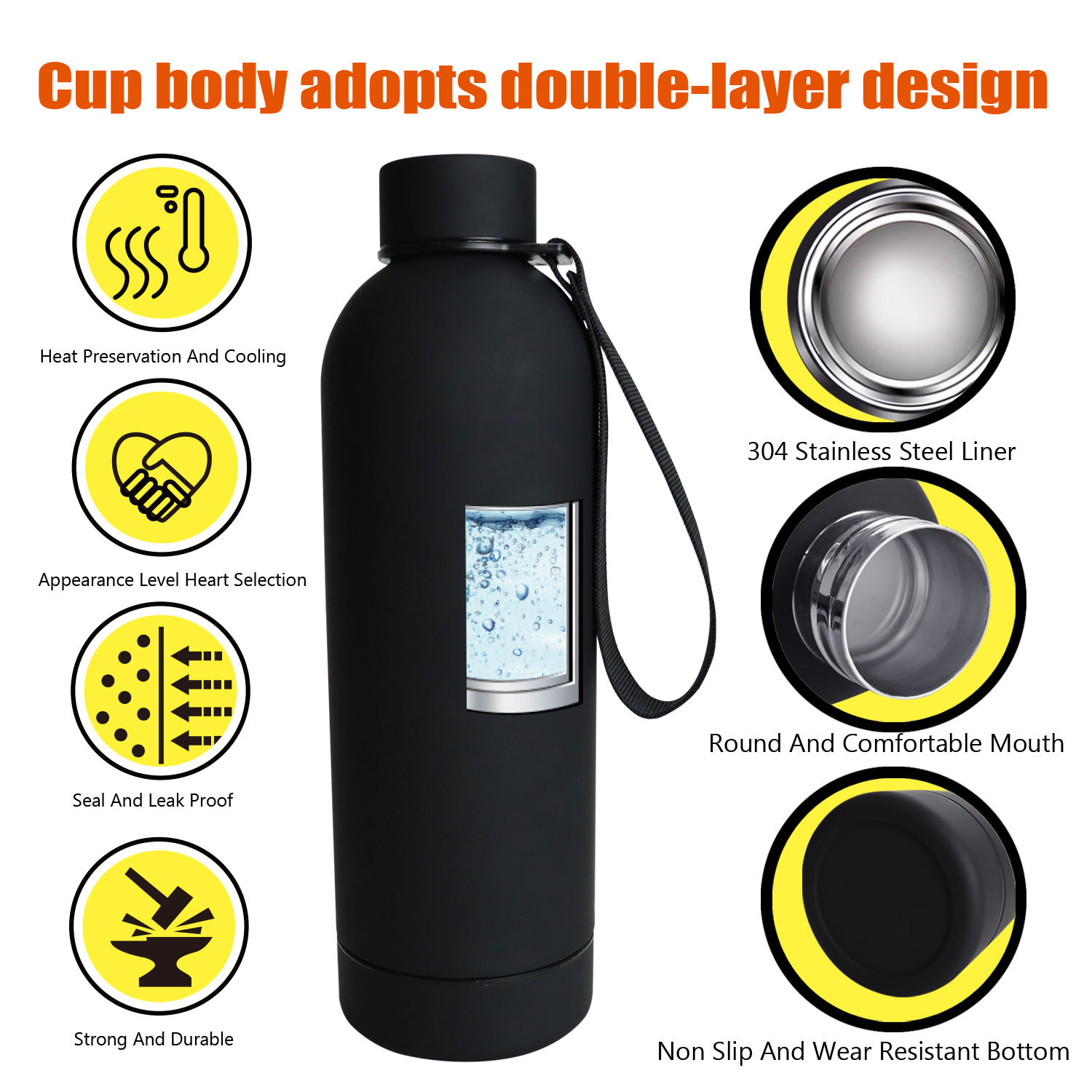 2024 New Tea Cup Black Colour with Filter Tea Cup Fruit Cup with Handle Rope Easy to Carry 500ML Stainless Steel Bottle