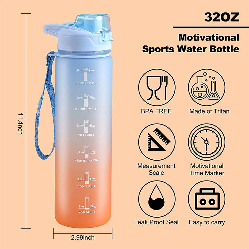 Bpa-Free 1L Sport Plastic Gradient Color Motivational Large Water Bottle With Time Marker With Straw
