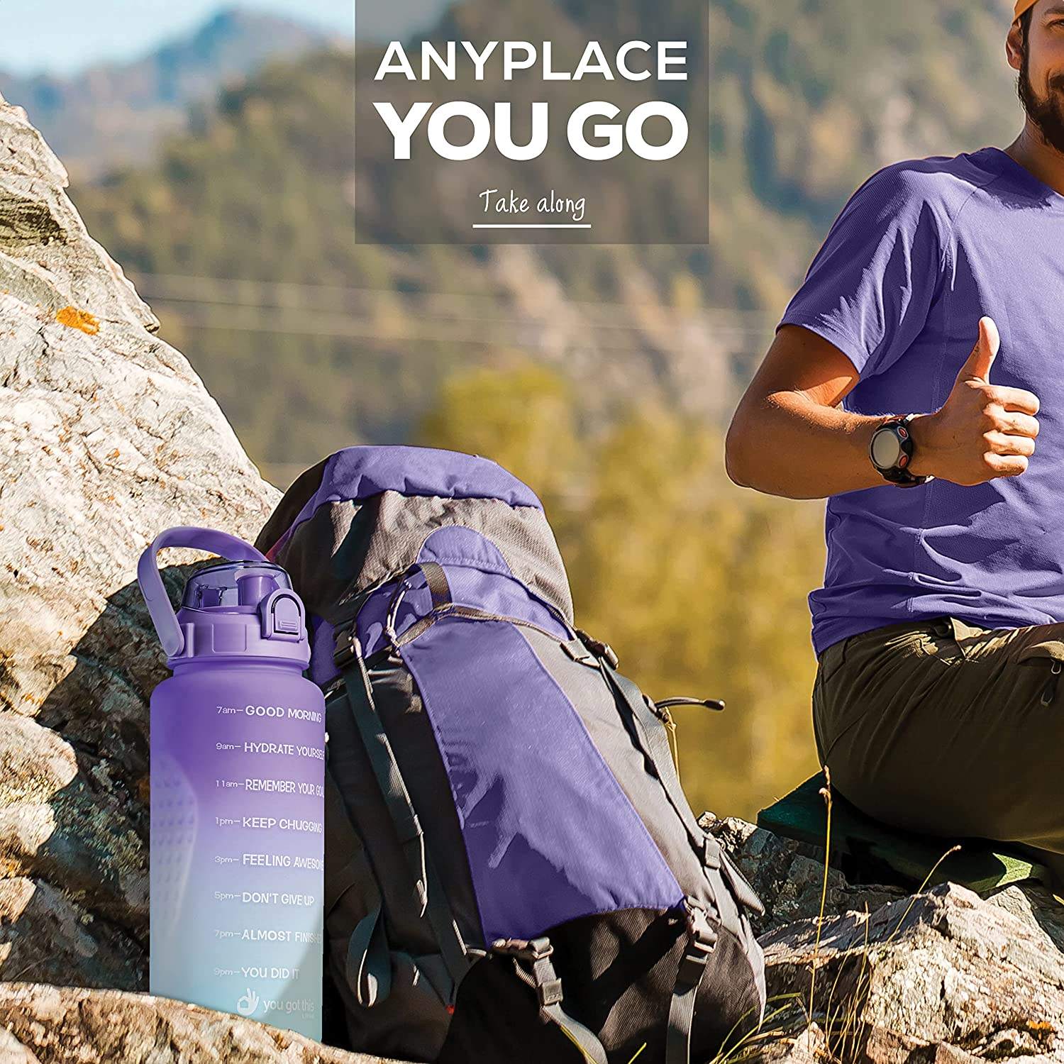 64 OZ 2L WATER BOTTLE Large Capacity Gym with Motivational Words Water Level Reminder to Drink Water