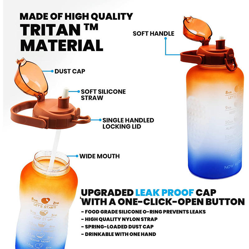 2L Wholesale Leakproof Gradient Color Fitness Sports Motivational Water Bottle with Time Marker and Straw