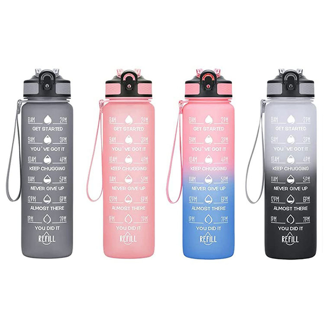 32 OZ Motivational Fashion Water Bottle With Time Marker to Drink BPA Free Frosted Plastic Water Bottles