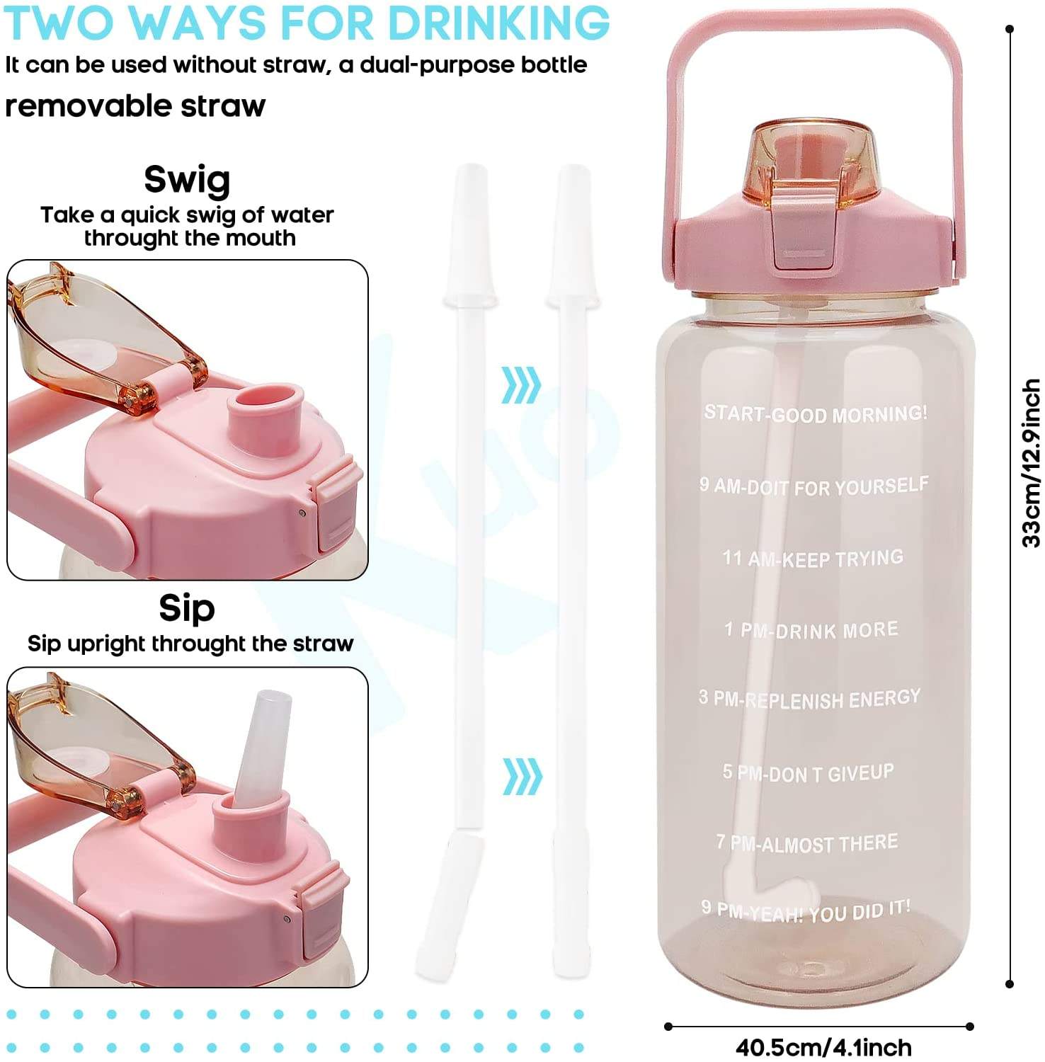 Water Bottle 1/2 Gallon Motivational Large Water Bottle with Time Marker & Straw