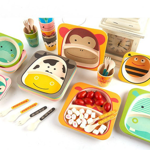 Customized Design Toddler Baby Kid Feeding Cartoon Bamboo Fiber Dinnerware Sets Dishwasher Safe Plate Bowl Cup Spoon Fork Set