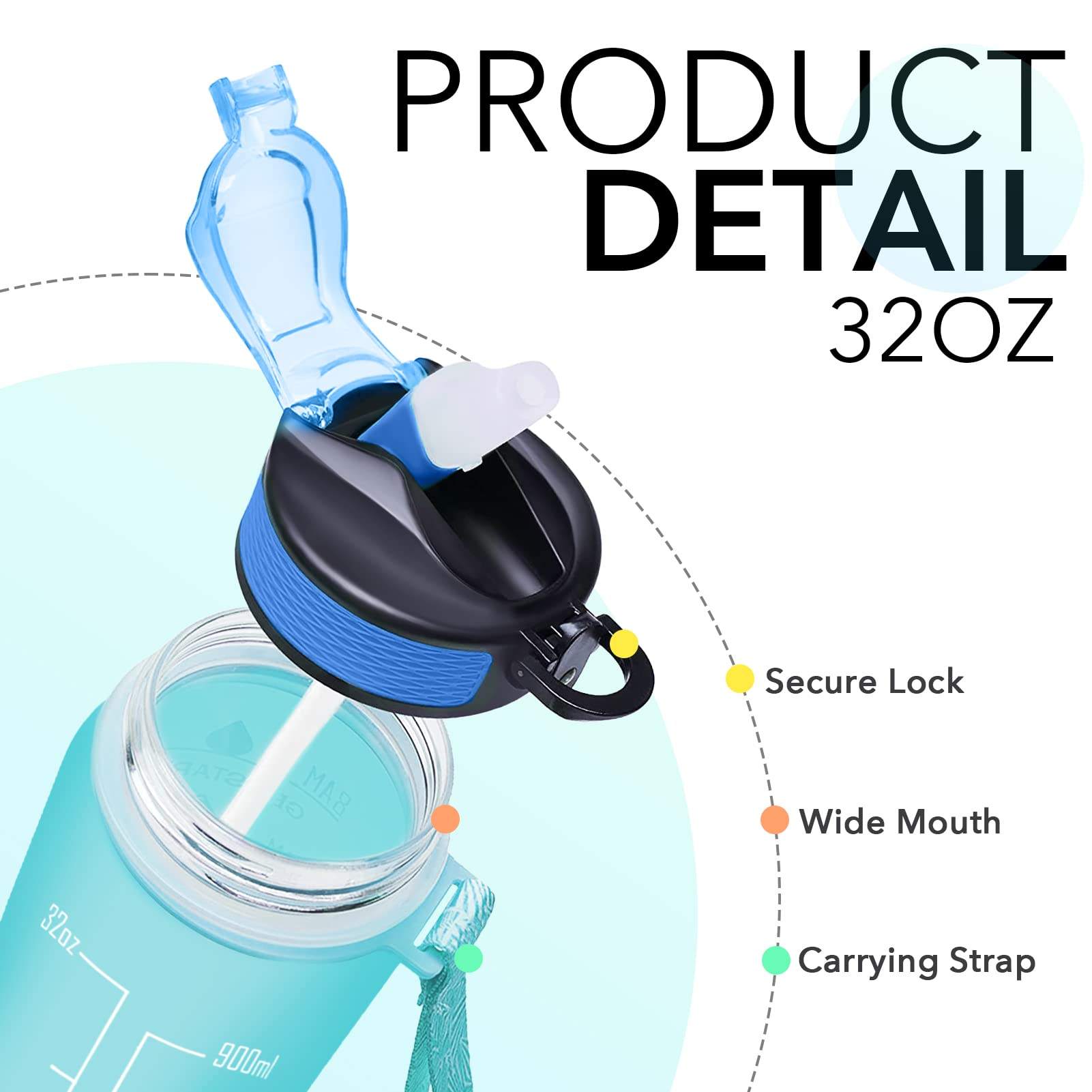 32 OZ Motivational Fashion Water Bottle With Time Marker to Drink BPA Free Frosted Plastic Water Bottles