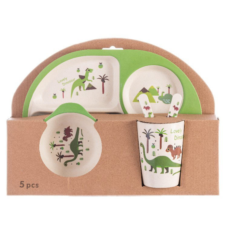 Customized Design Toddler Baby Kid Feeding Cartoon Bamboo Fiber Dinnerware Sets Dishwasher Safe Plate Bowl Cup Spoon Fork Set