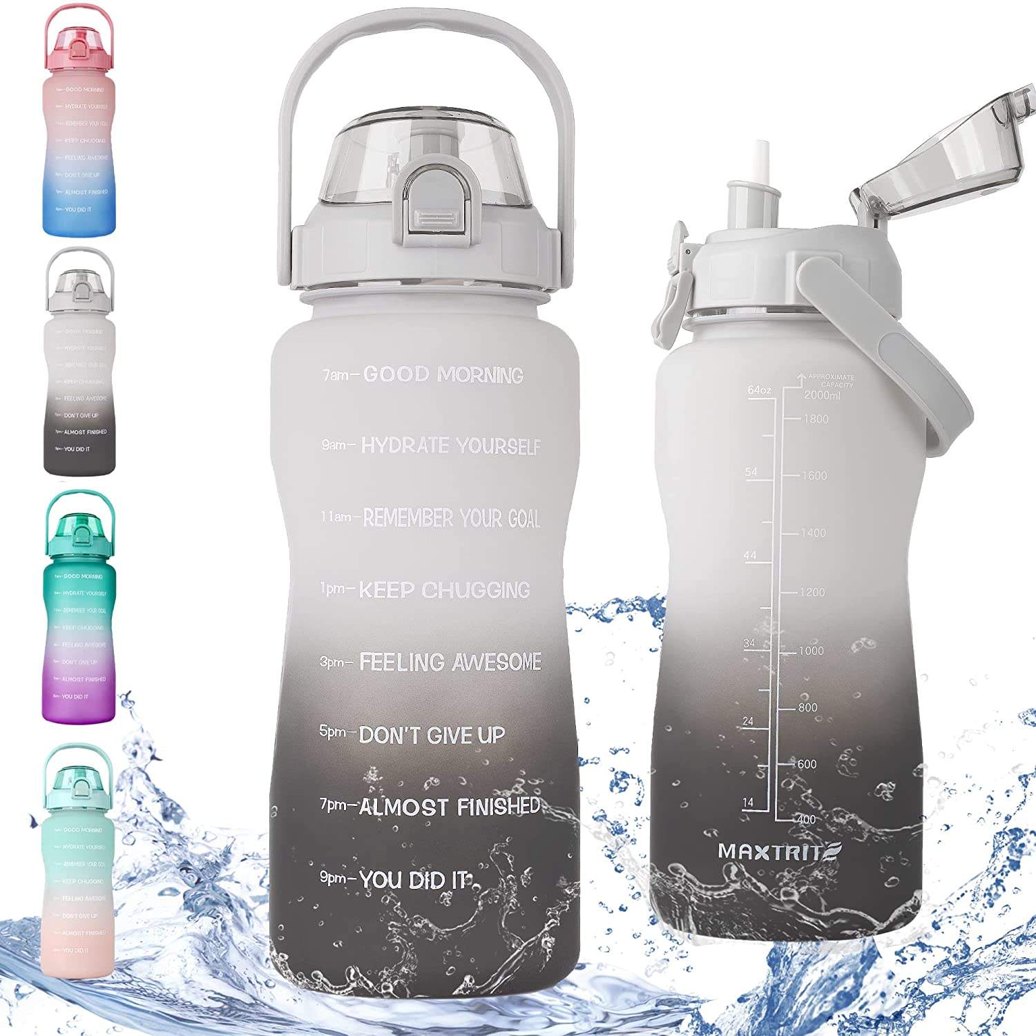 64 oz Water Bottle Large Half-gallon Water Bottle with Time Stamp Suitable for Fitness, Gym and Outdoor Sports