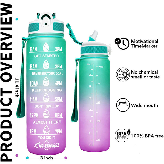 1 Liter BPA Free Gradient Plastic Water Bottle 32oz Motivational Time Marker Water Bottle With Custom Logo
