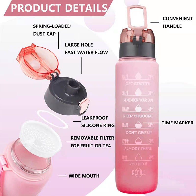Custom Plastic Straw Strainer Filter Gym Sports 1L 32 oz BPA Free Tritan Motivational Water Bottle Sport With Time Marker