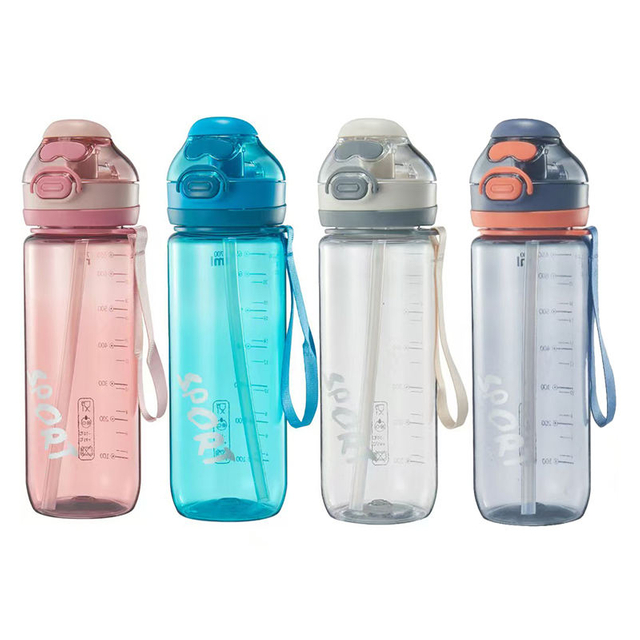 750Ml Graduated Leakproof School Clear Transparent Plastic Sports Water Bottles With Straw Rope