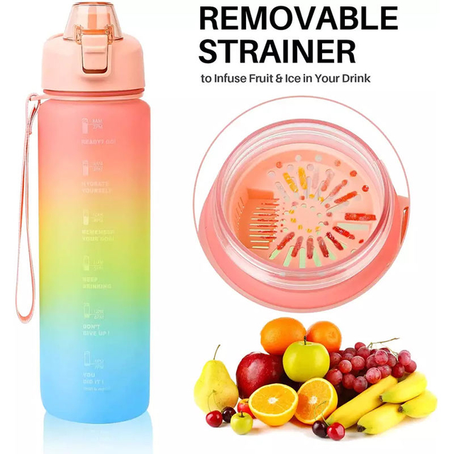 17Oz 32Oz Multi Functional Wide Mouth Leak Proof Plastic Sports Shaker Water Bottle With Time Marker Fruit Strainer