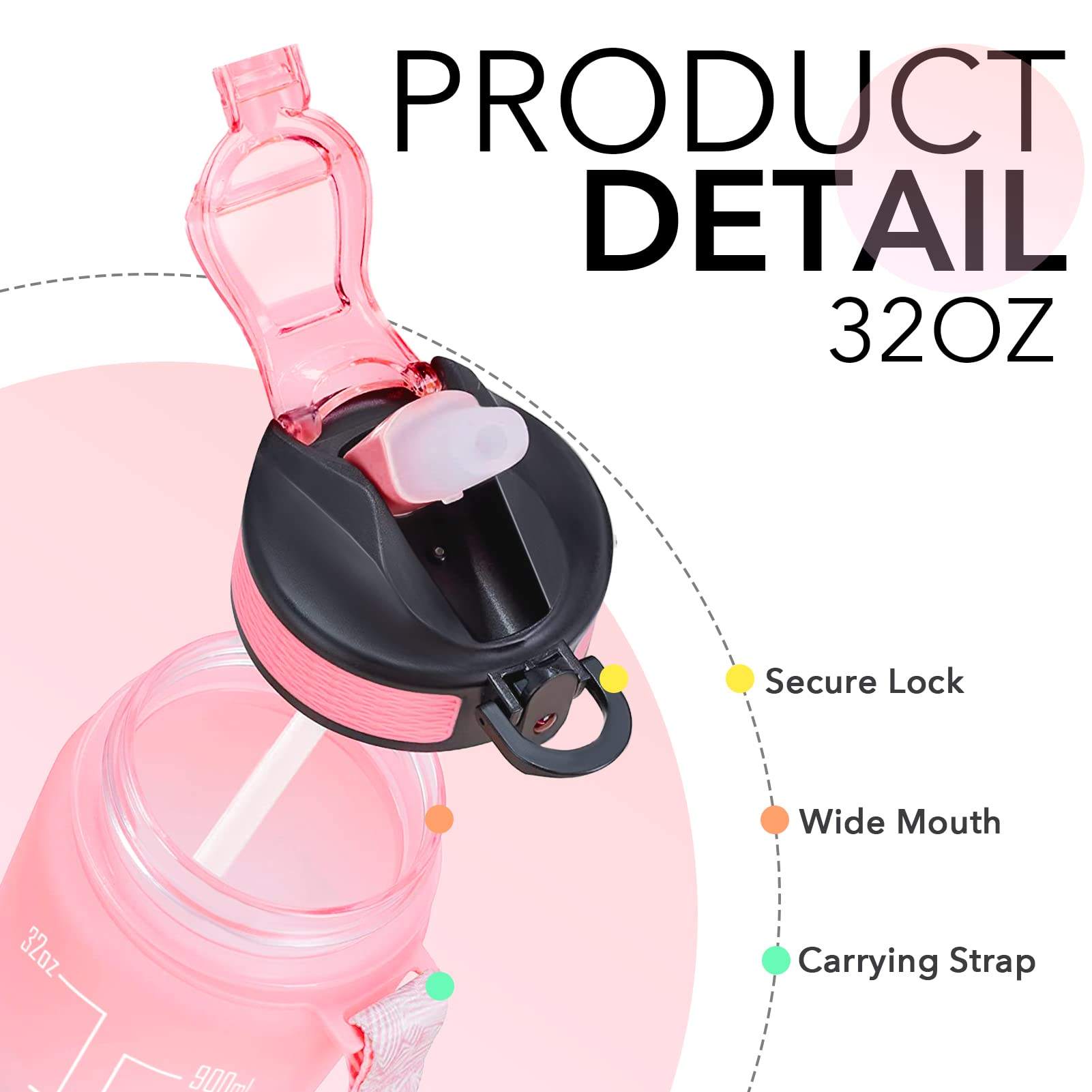 1L 32 OzCustom Plastic Straw Gym Sports BPA Free Tritan Motivational Water Bottle With Time Marker