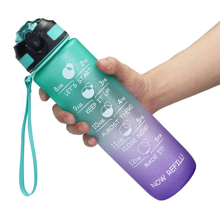 Gradient Drinking 1000ml 1L Plastic Creative Frosted Straw Cover Space Water Sports Bottle Outdoor Travel Mug with Silicone Hand
