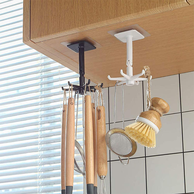 Kitchen Utensil Holder with 6 Hooks, Rotatable Adhesive Wall Hooks Space Saving No Drilling Wall Mounted for Hanging Lid