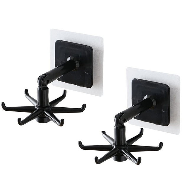 Kitchen Utensil Holder with 6 Hooks, Rotatable Adhesive Wall Hooks Space Saving No Drilling Wall Mounted for Hanging Lid