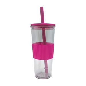High Quality 710Ml Outdoor Travel Wide Mouth Clear Reusable Drink Tumbler With Rubber Sleeve Straw