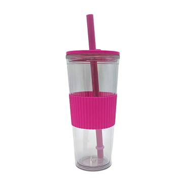 High Quality 710Ml Outdoor Travel Wide Mouth Clear Reusable Drink Tumbler With Rubber Sleeve Straw