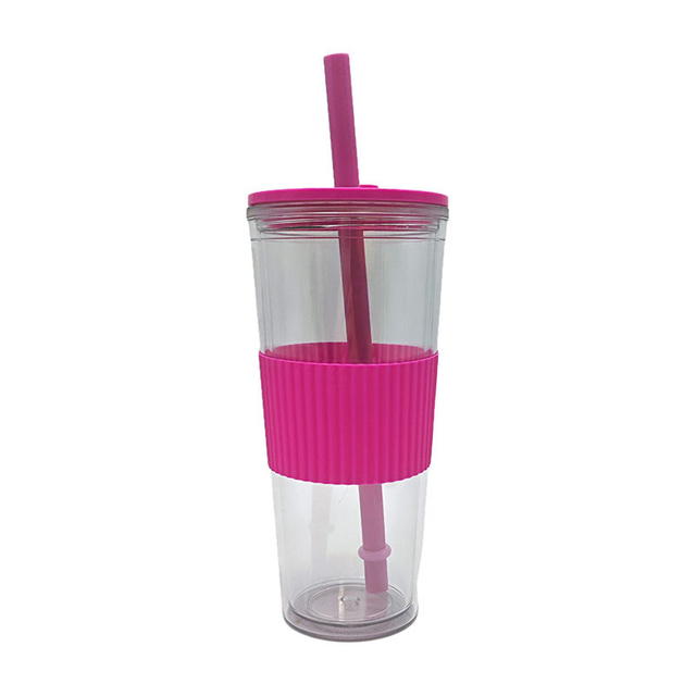 High Quality 710Ml Outdoor Travel Wide Mouth Clear Reusable Drink Tumbler With Rubber Sleeve Straw