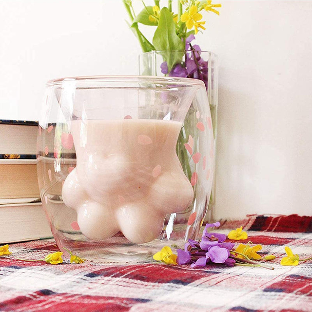 Creative Kitchen Accessories Cute Double Wall Glass Cup Cat Paw Glass Mug