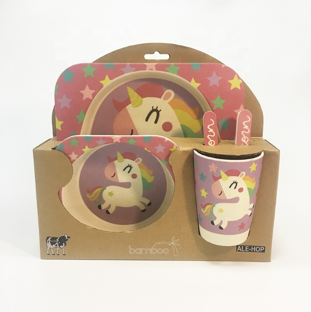 Bamboo Fiber Children Tableware Set Baby Feeding Plates Dishes Bowl With Cup Fork Spoon Cartoon Animal Kids Dinnerware
