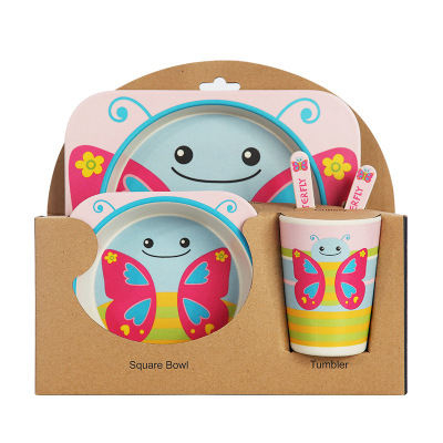 Custom Cartoon 5 Pcs Square Baby Tableware Plate Sets Dinnerware Bamboo Fiber Kids Dinner Set