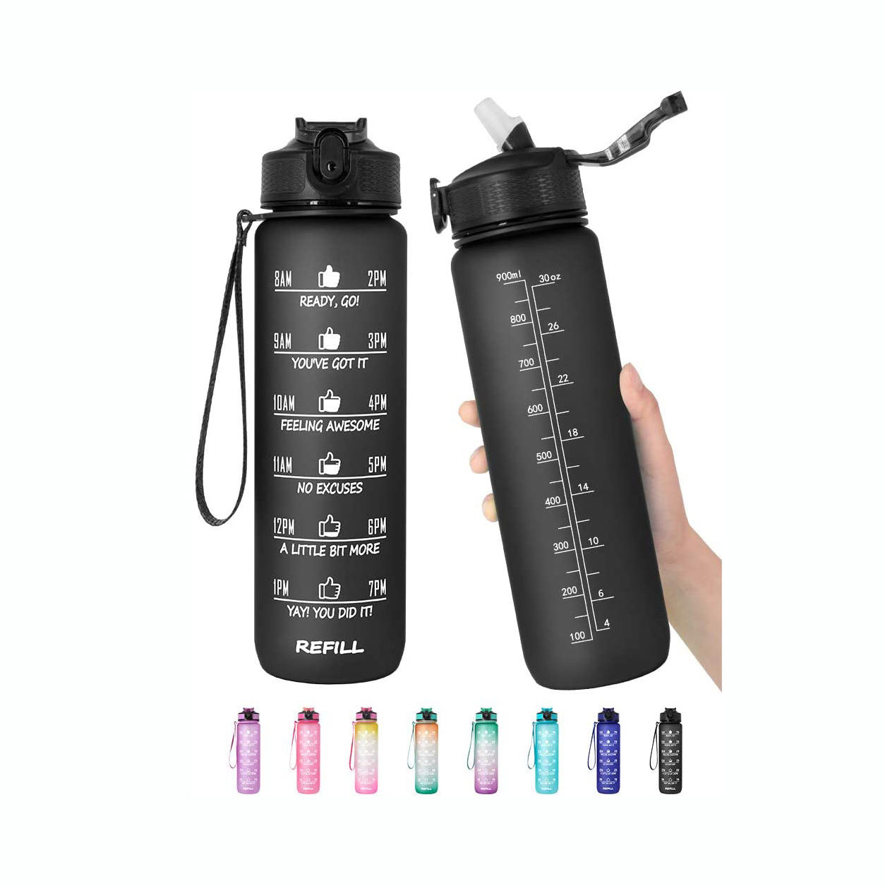 32oz Water Bottle with Time Marker Leakproof BPA Free Frosted Plastic Drinking Water Bottle with Straw