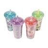 Leak Proof Straw Cups with Double Wall and Sequin Glitters Lid Plastic Water Bottle for Kids and Girl