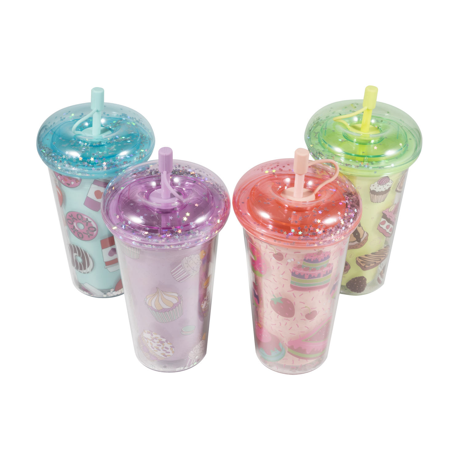 Leak Proof Straw Cups with Double Wall and Sequin Glitters Lid Plastic Water Bottle for Kids and Girl
