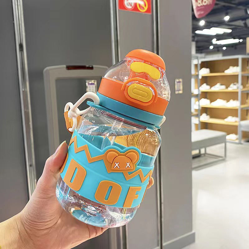 600ml School Children's Anti slip Sport Plastic Water Bottle with Silicone Sleeve Straw and Shoulder Strap BPA Free