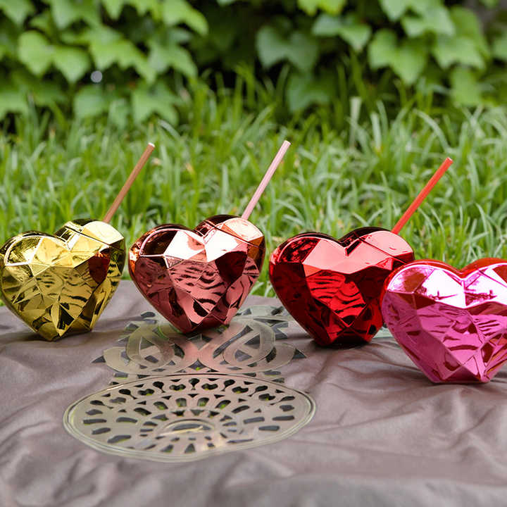 600ml Heart Shaped Picnic High Value Water Cup Girls Outdoor Portable Bottle with Straw and Lid