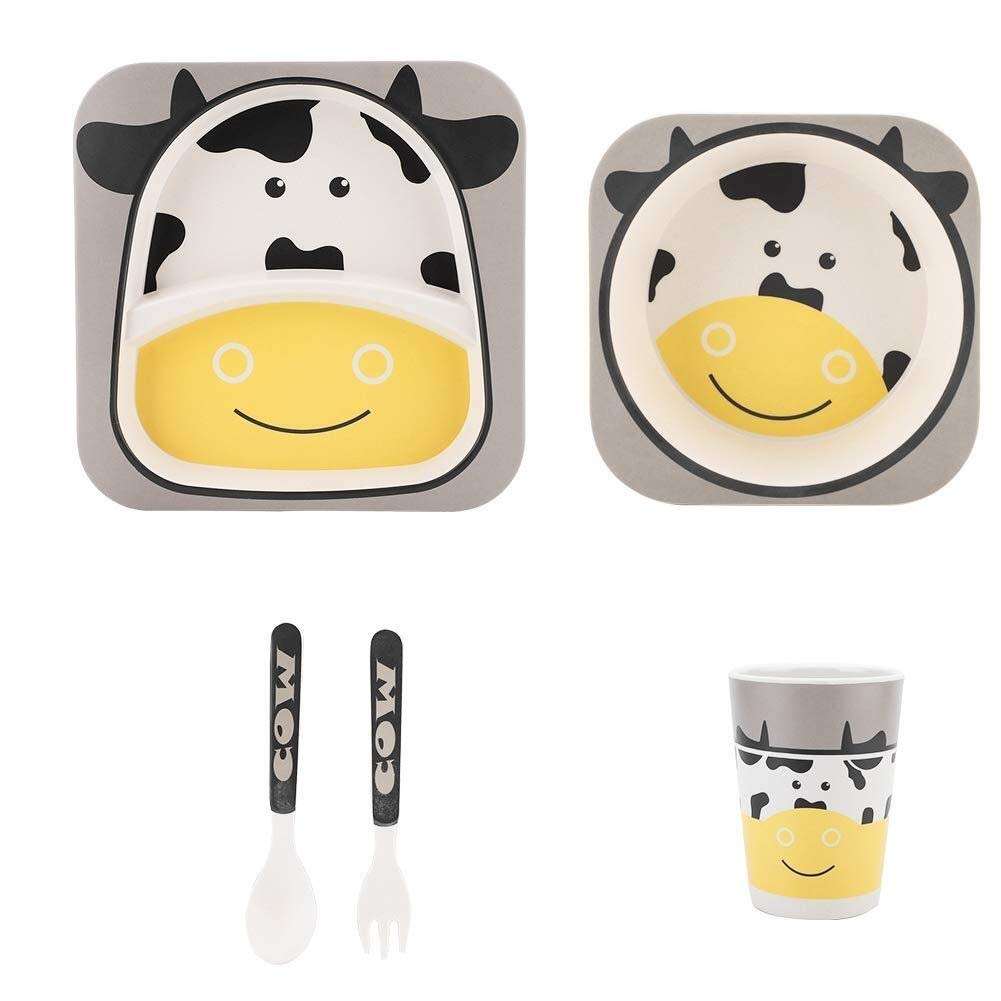 Customized Design Toddler Baby Kids Feeding Cartoon Bamboo Fiber Dinnerware Sets Dishwasher Safe Plate Bowl Cup Spoon Fork Set